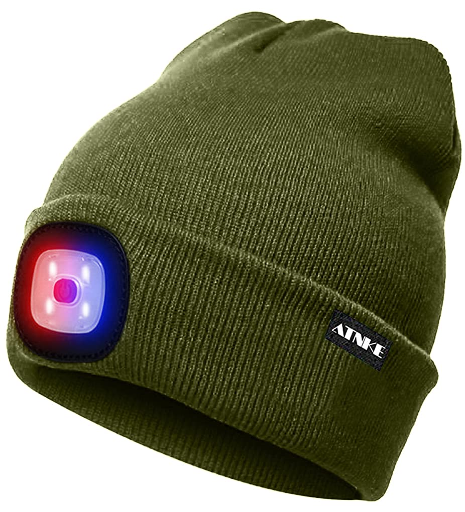 Atnke Men's Armygreen Led Lighted Beanie Cap,Usb Rechargeable 4 Led Red And Blue Glow Flashing Running Headlamp Hat Winter Warm Gifts For And Wo