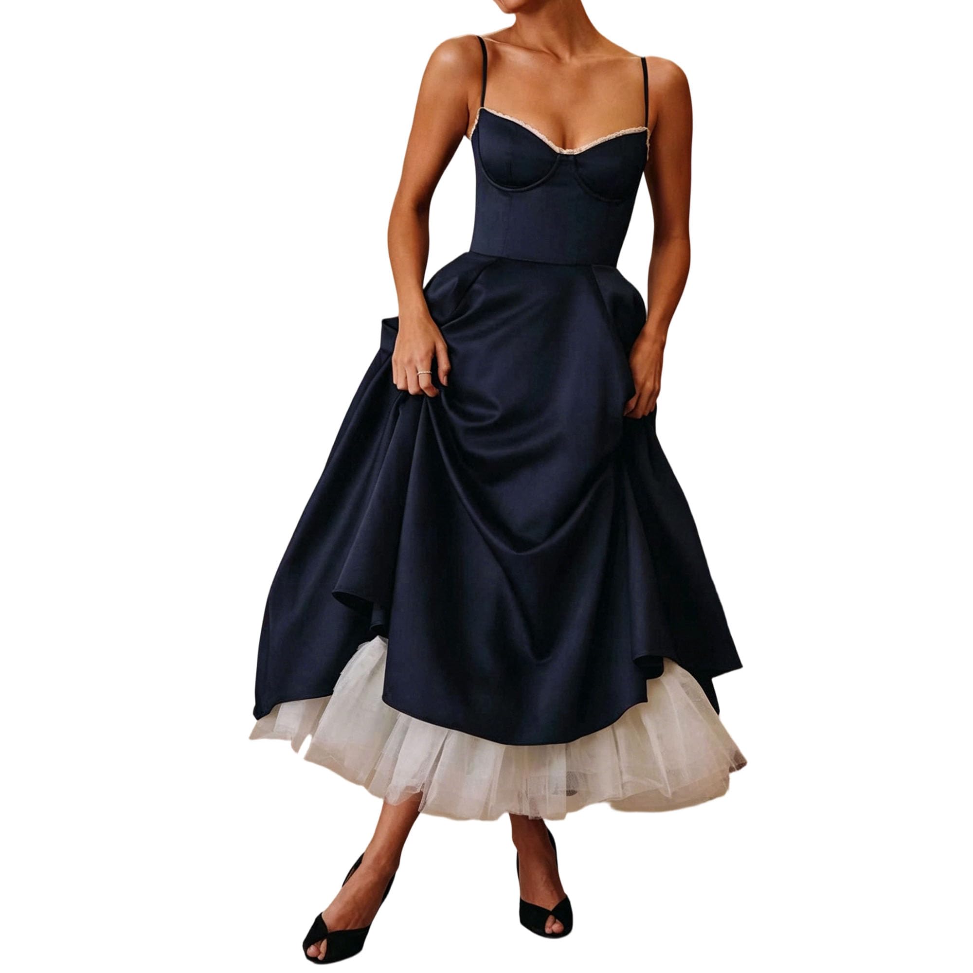 Vestido midi de satén con tirantes delgados y cintura para mujer | Sensación de tela de satén, detalle de cintura de corsé, diseño de capa de malla, estilo sin mangas, para ocasiones de fiesta