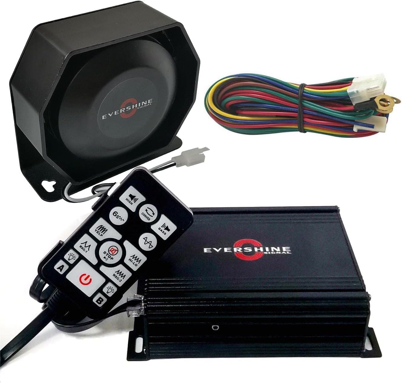 12V/24V Police Siren Amplifier Horn Kit with 118~125dB Flat Speaker 100W Heavy Duty Multi-Tones Amplifier Handheld Microphone Light Controller 2X10A Aux Switch Sirens for Vehicles