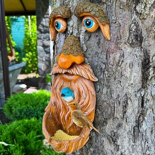 Mood Lab Tree Faces Decor Outdoor - Old Man Bird Feeder - Tree Hugger Garden Decoration - Yard Art Statues