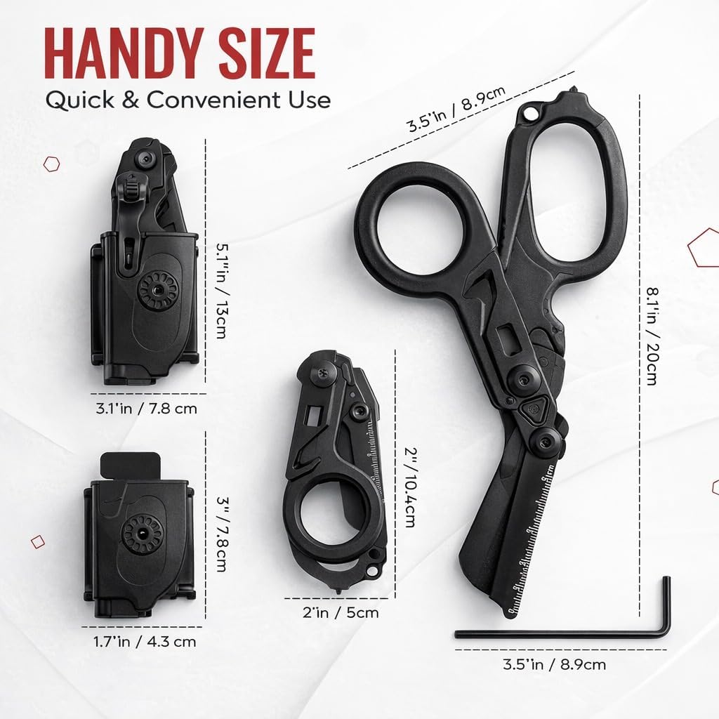 Trauma Shears Tactical 6 In1 Scissors,Heavy Duty Stainless Steel Foldable Outdoor Camping Rescue Scissors, with Glass Breaker, Strap Cutter with Holster Mini Wrench & Cover