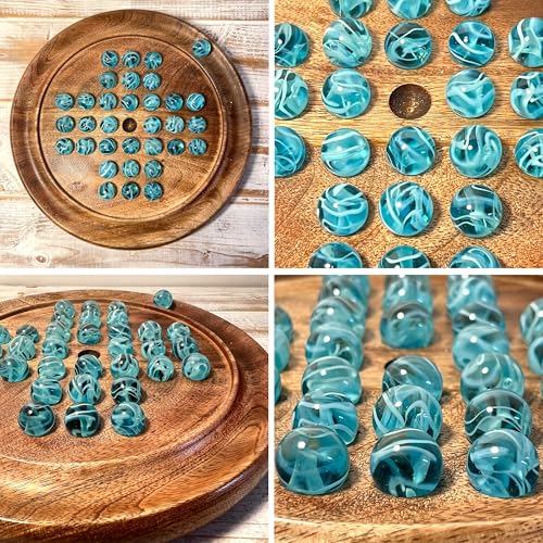 Solitaire Brettspiel aus Holz, 22 cm Durchmesser, ab 10 Jahren, mit brillanten blauen Sauerstoffglas-Marmoren, klassisches Solitär-Spiel aus Holz, Strategie-Brettspiel, Familien-Brettspiel, Spiele für
