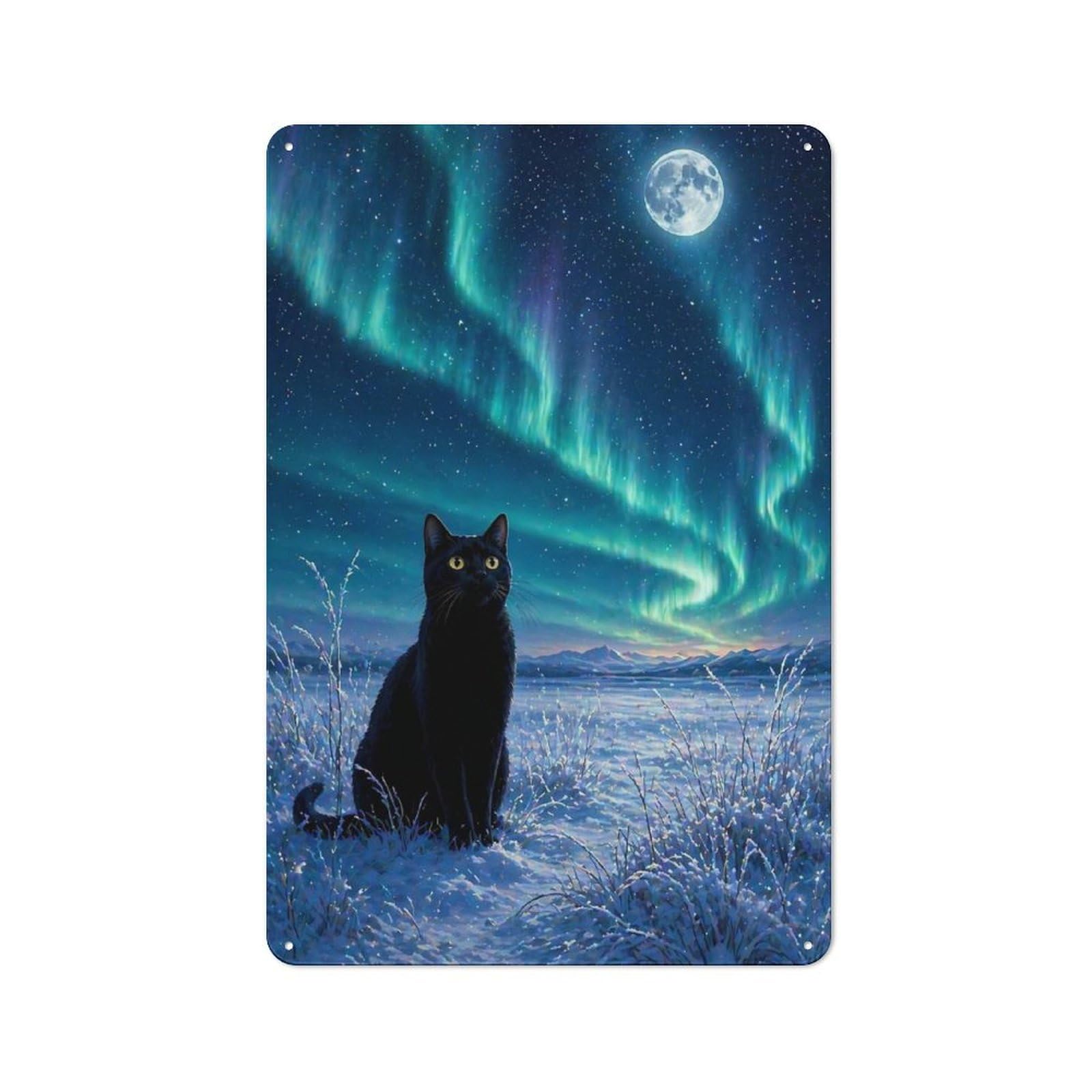 Junmoney Style-2 Black Cat Under The Aurora Borealis Rustic Tin Sign 30X20cm For Lounge Or Reading Corner, For Metal Sign Collectors, For Cafés, Pubs And Restaurants