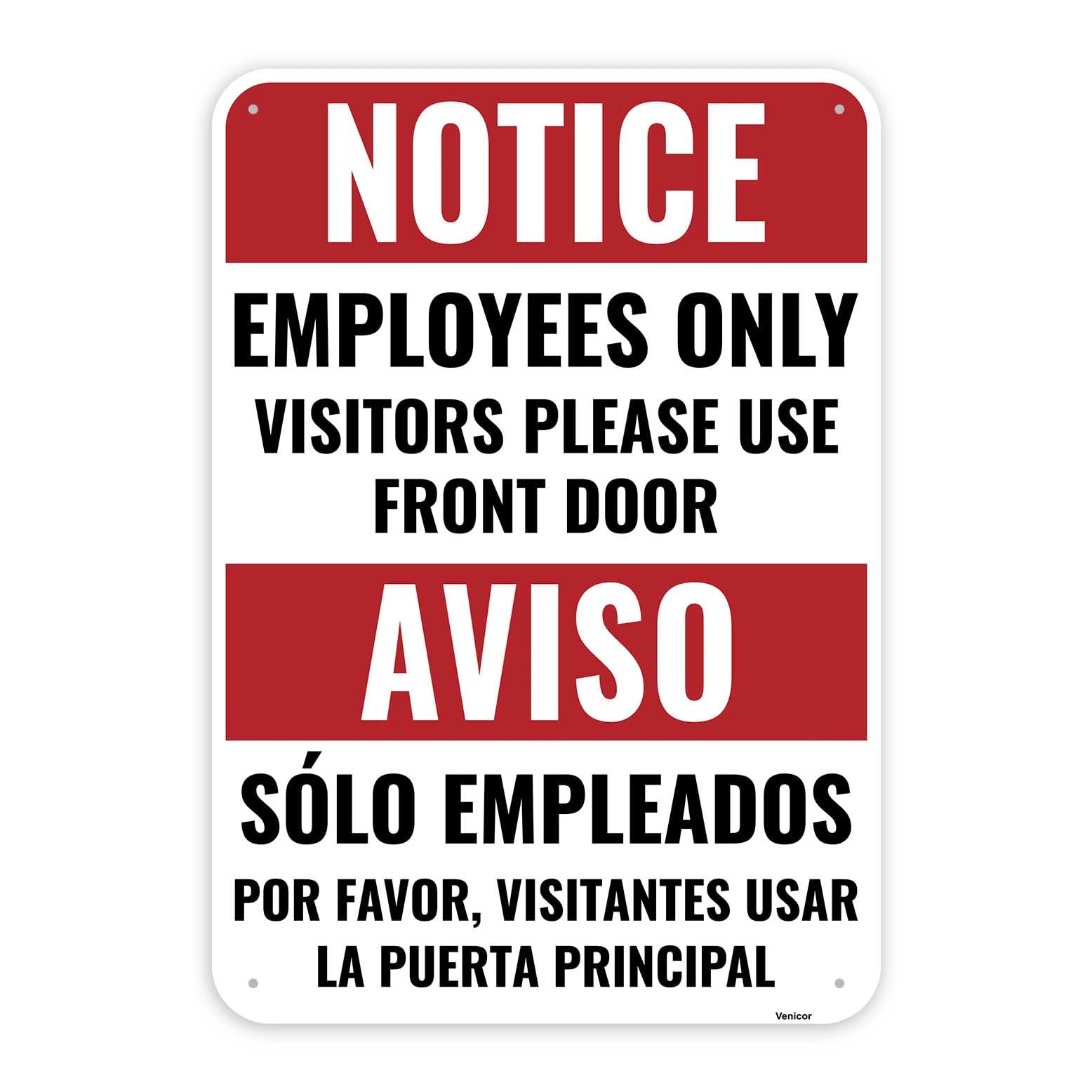 Bilingual Employee Entrance Aluminum Sign, Visitors Use Front Door, 12x8 Inch