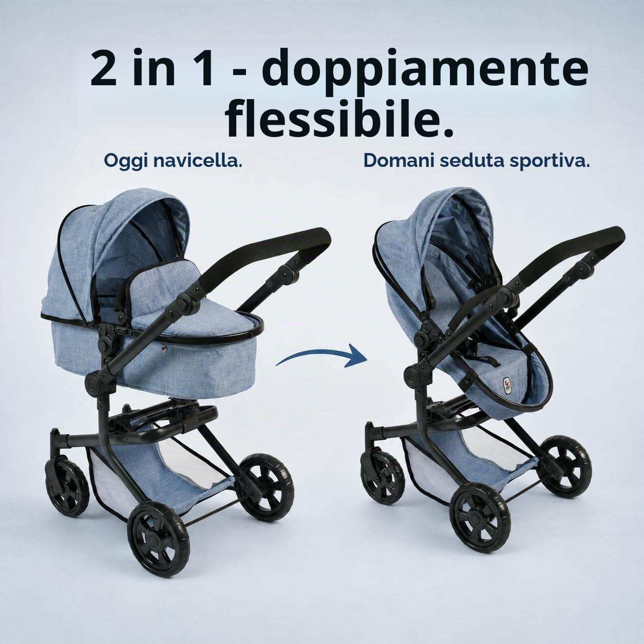Bayer Chic 2000 - Passeggino per bambole Mika, passeggino combinato 2 in 1 per bambini dai 4 agli 8 anni, jeans blu, ragazzi