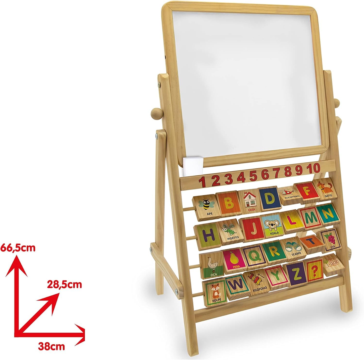 Teorema 40513 - Lavagna per Bambini con Cavalletto Multiattività Double Face in Legno con Alfabetiere, Numeri dall'1 al 10 e Accessori