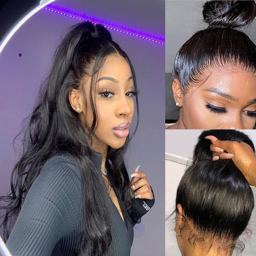 Umeiw 360 Body Wave Lace Front Wigs Human Hair pre plucked 360 Full Lace Frontal Wig Human Hair 200 Density HD Front Wigs Baby Hair Black Color (16 Inch)