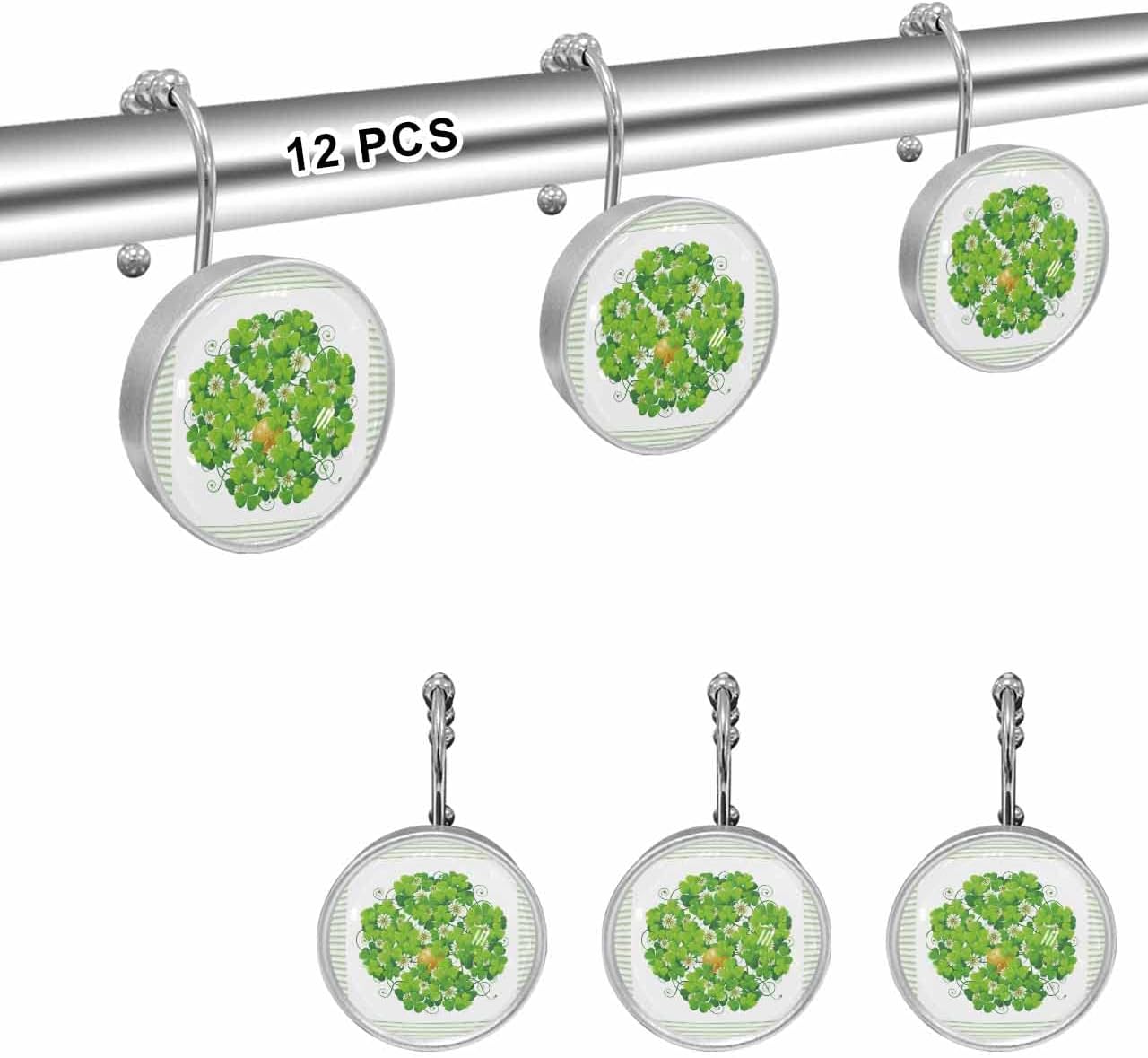 Shower Curtain Hooks Set of 12 St.Patrick's Day Shamrocks Stripe Green Crystal Glass Shower Curtain Rings for Bathroom Decorative Stainless Steel Rust Proof Roller Shower Curtain Hangers