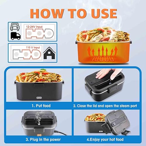 Miniatura 7 de Nifogo Fiambrera eléctrica para adultos, 80 W, portátil, calentada, para hombres, 3 en 1, calentador de alimentos portátil 110V12V24V con contenedor