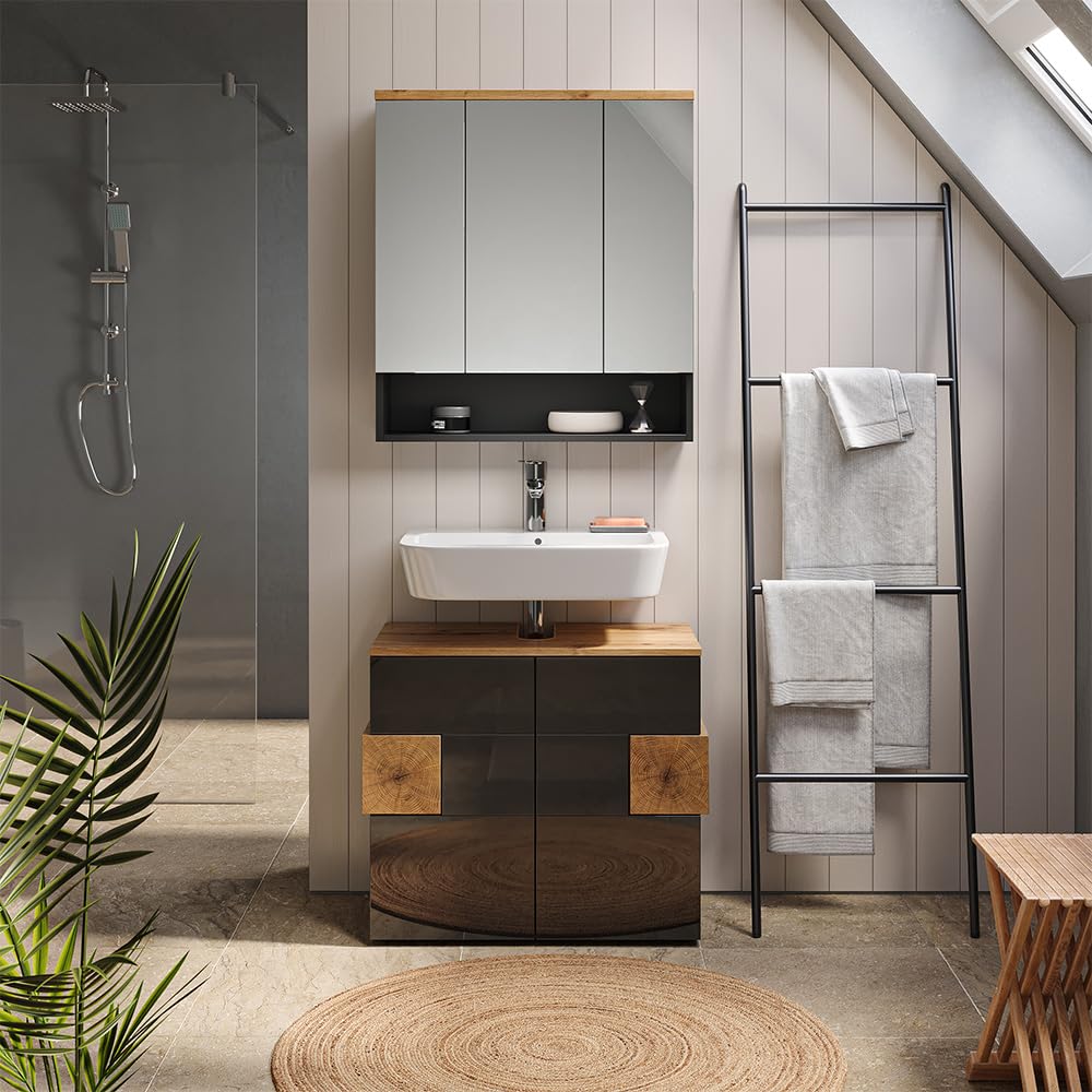 Vicco Specchio contenitore bagno Eden, Antracite, 70 x 77.5 cm, per montaggio a parete con suddivisione interna variabile