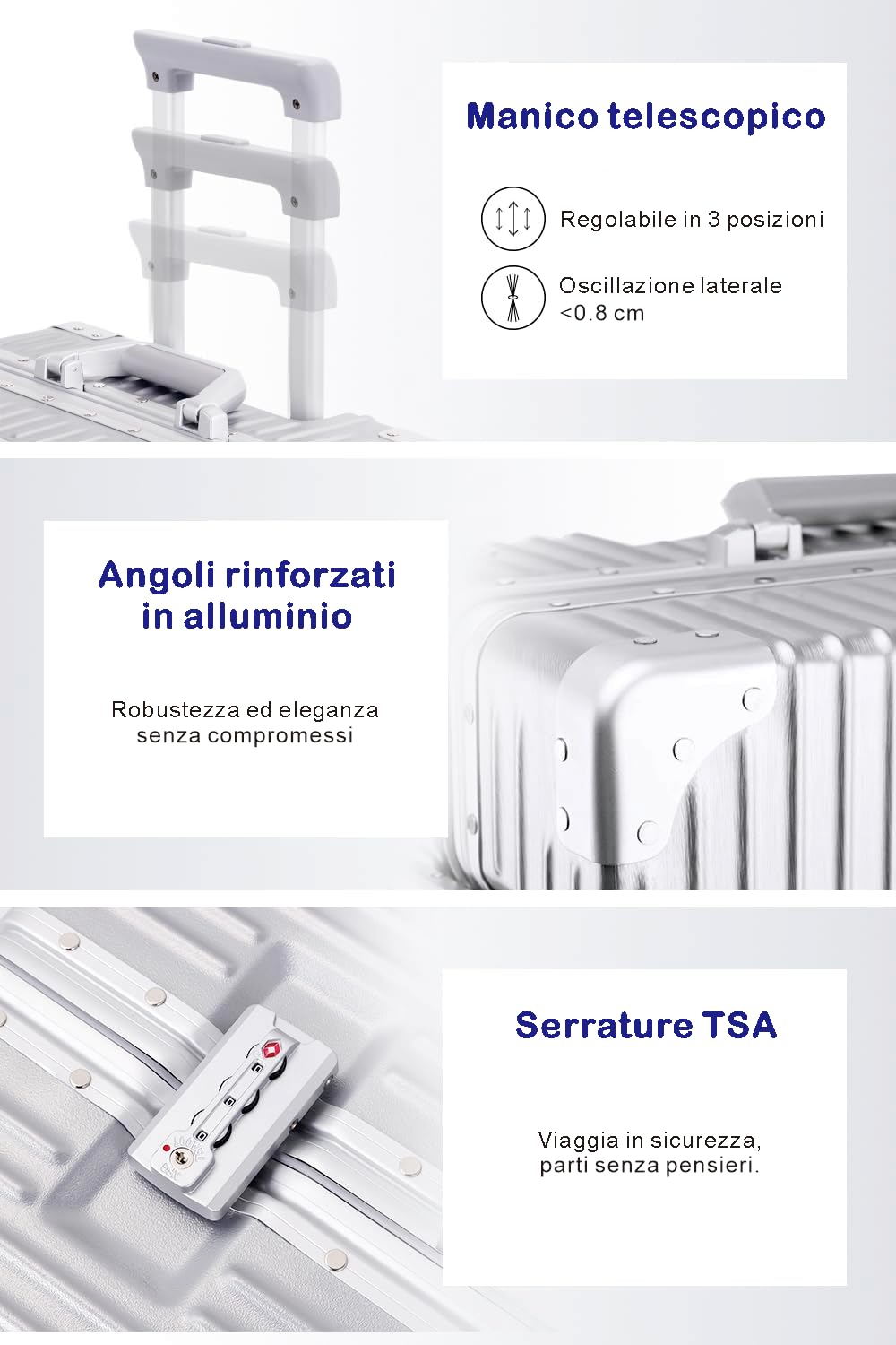 Aoliwei Valigia Bagaglio a Mano con telaio rigido in alluminio e coque in PC. Valigia Trolley con 4 Ruote Doppie Girevoli e Lucchetto TSA Integrato(M,39x24.5x57CM,42L,Nero)