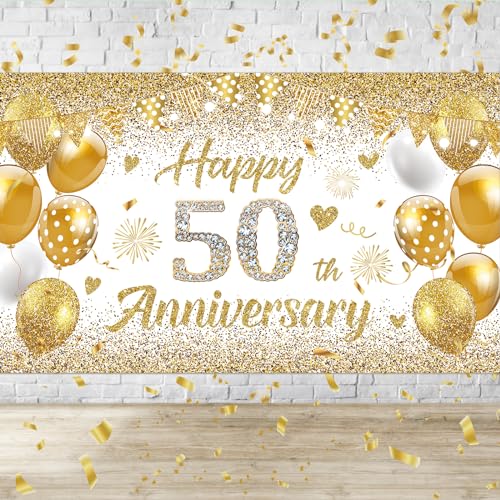 50th Wedding Anniversary Banner Decorations White Gold Happy 50 Anniversary Party Supplies Golden 50 th wedding anniversary decorations Decor Poster Photography for Backdrop 72.8x43.3 inches