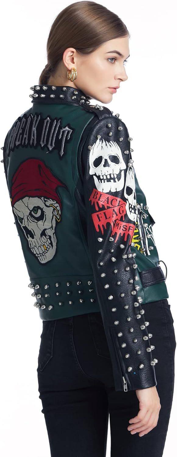 DARKSHE Women's Faux Leather PU Jacket, Graffiti Studded Rivet Punk Biker Moto Fashion Coat with Long Sleeve - Image 4