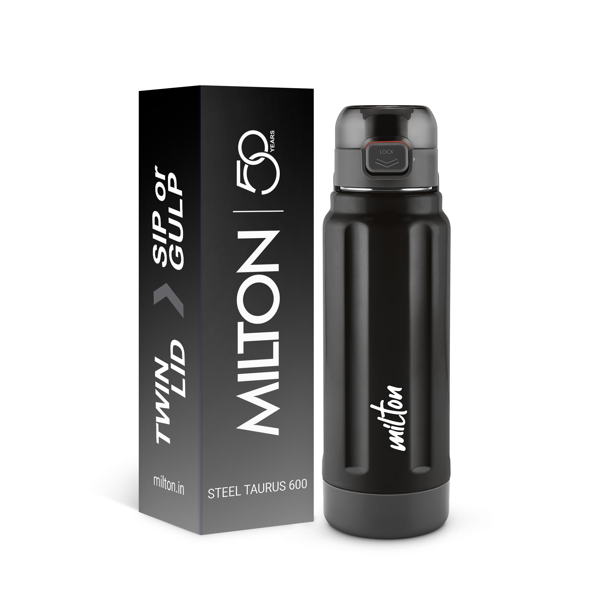 Milton Taurus 600 Steel Thermoware, Inner Stainless Steel, PU Insulated, Leak Proof Water Bottle for School Kids, Office, Gym, Easy to Carry Handle, 560 ml, Black