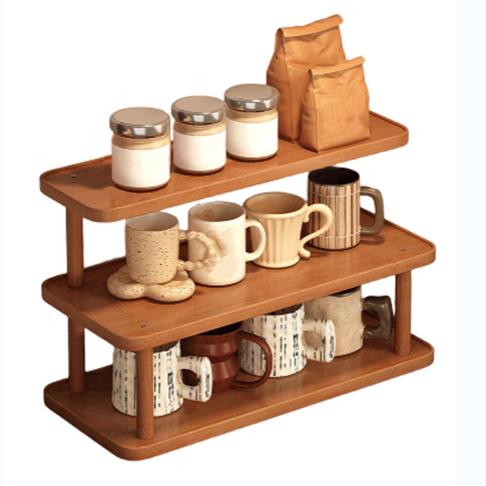 Uck-Kit One Color Coffee Station Organizer, Wooden Mug Holder Countertop, Kitchen Counter Shelf For Tea Coffee Bar Accessories, Matcha Stand, Cup Display,3 *Tier