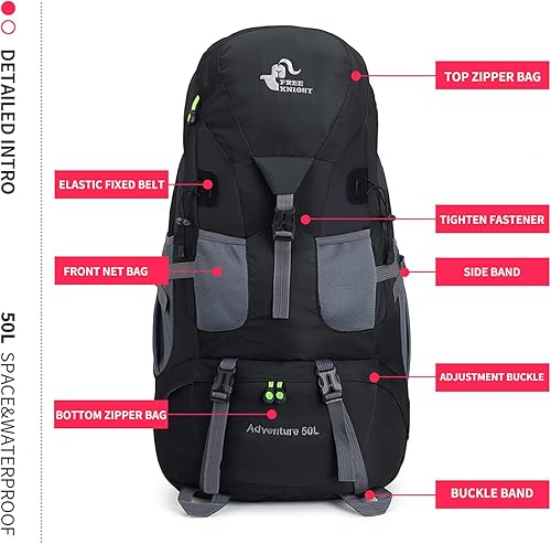 Miniatura 6 de Bseash Mochila de senderismo de 50L, resistente al agua, ligera, mochila de día para deportes al aire libre, bolsa de viaje para camping, escalada,