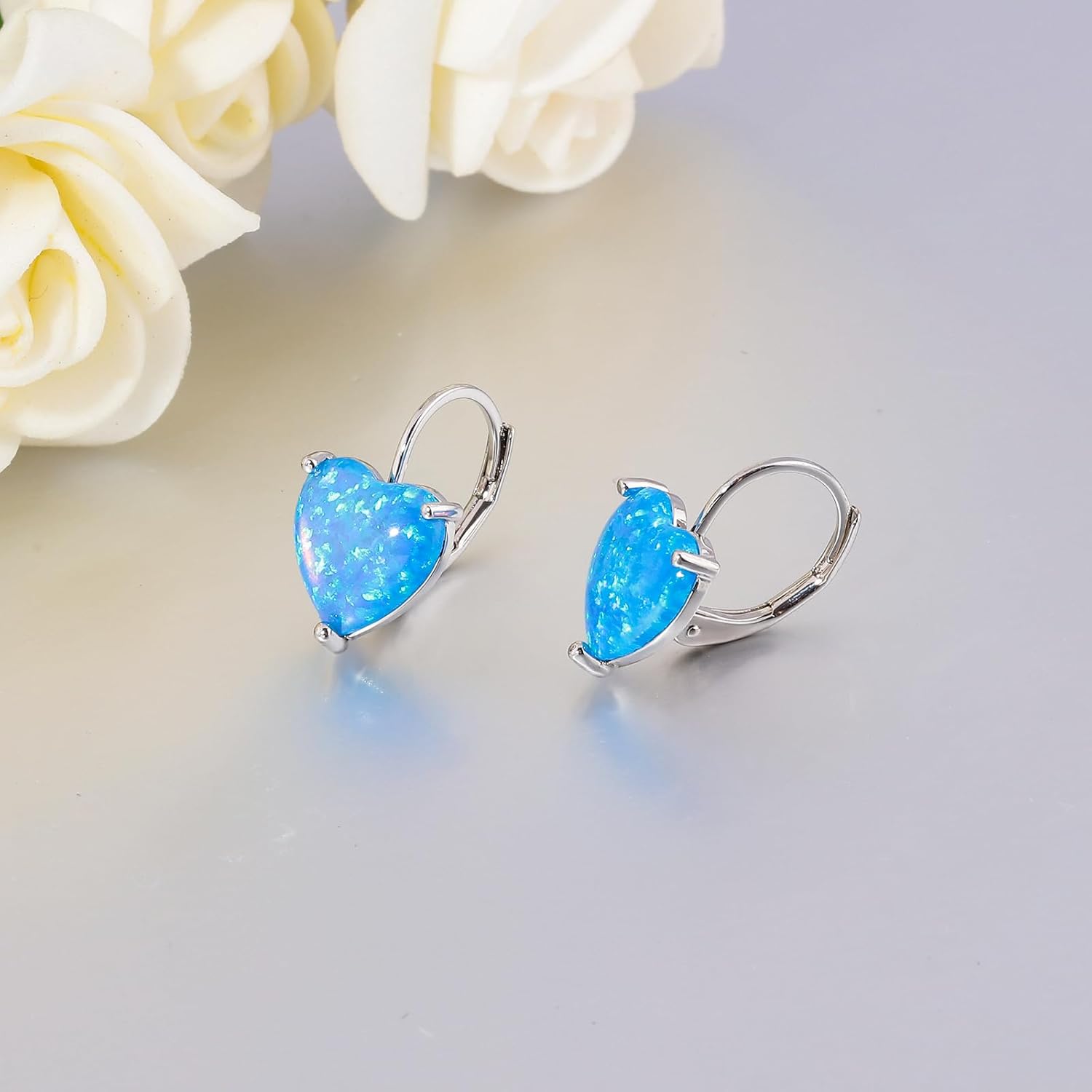 CiNily Heart Opal Earrings Short Leverback Drop Earrings for Women Hypoallergenic, Pendant Earrings 14K White Gold / Rose Gold Plated Hanging Lever Earrings Opal Hoops Fashion Jewelry Gifts for Sensitive Ears - Image 4