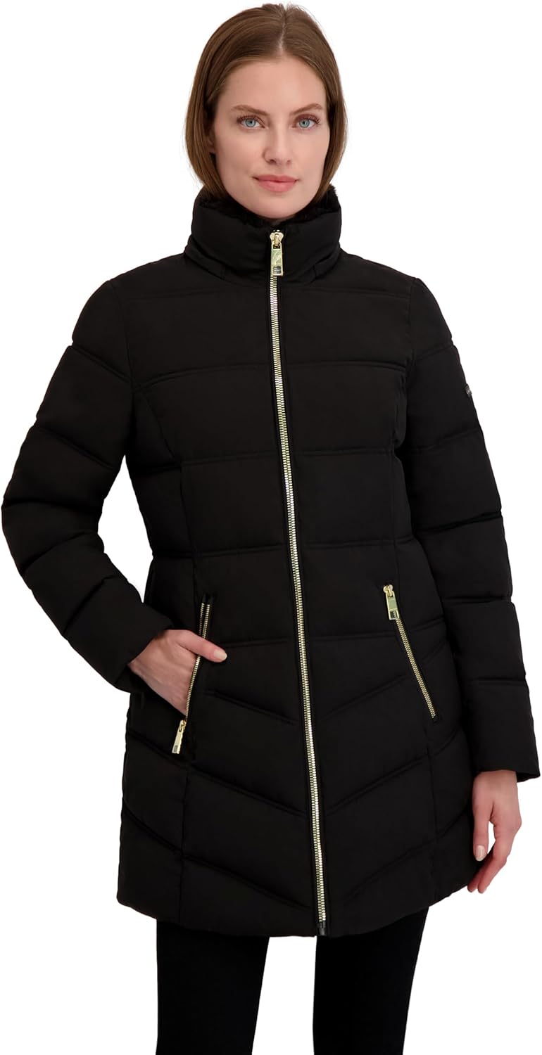 Laundry by Shelli Segal Women's Stretch Quilted Puffer Jacket– Winter Coat, Zip-off Hood Turnback Faux Fur - Image 5