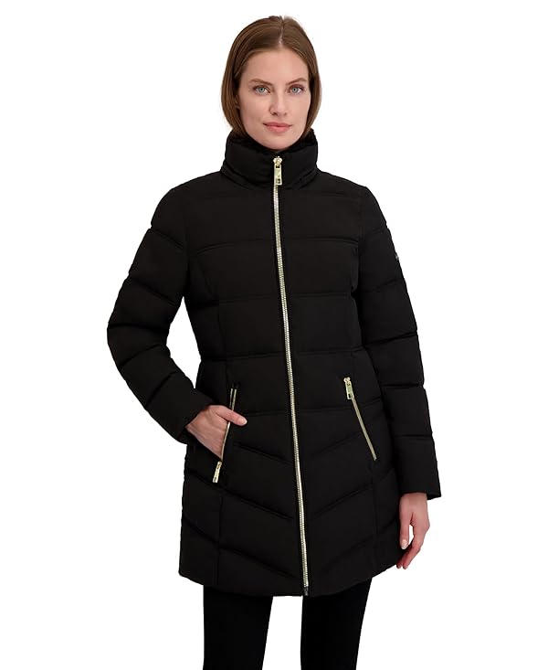 Laundry By Shelli Segal Women's Stretch Quilted Puffer Jacket– Winter Coat, Zip-Off Hood Turnback Faux Fur, Black, Medium by Laundry by Shelli Segal - Image 5