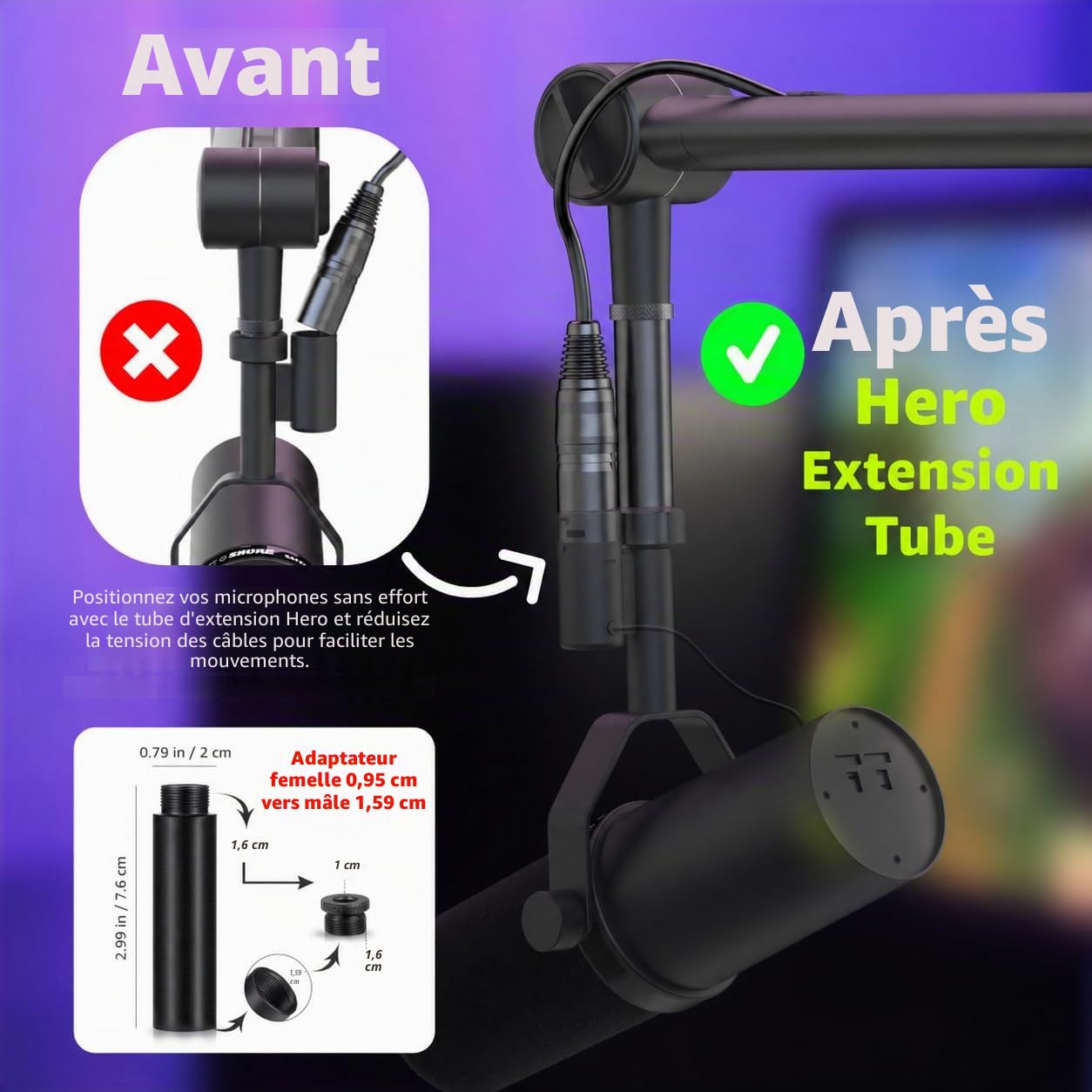 IXTECH Support de micro avec tube d'extension amélioré pour Shure SM7B MV7 Blue Yeti - Bras de microphone robuste en acier inoxydable - Support de bureau pliable pour podcast et jeux