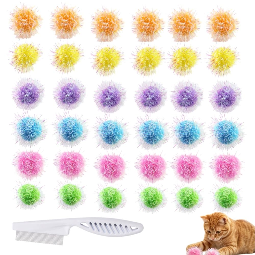 Cat Puff Balls - 2.36 Inch Extra Large Sparkle Green Puff Ball Toys for Indoor Cats, Interactive Cat Toy Balls with Glitter Tinsel, Multicolor Tinsel Cat Balls (30PCS,MIX Colors)