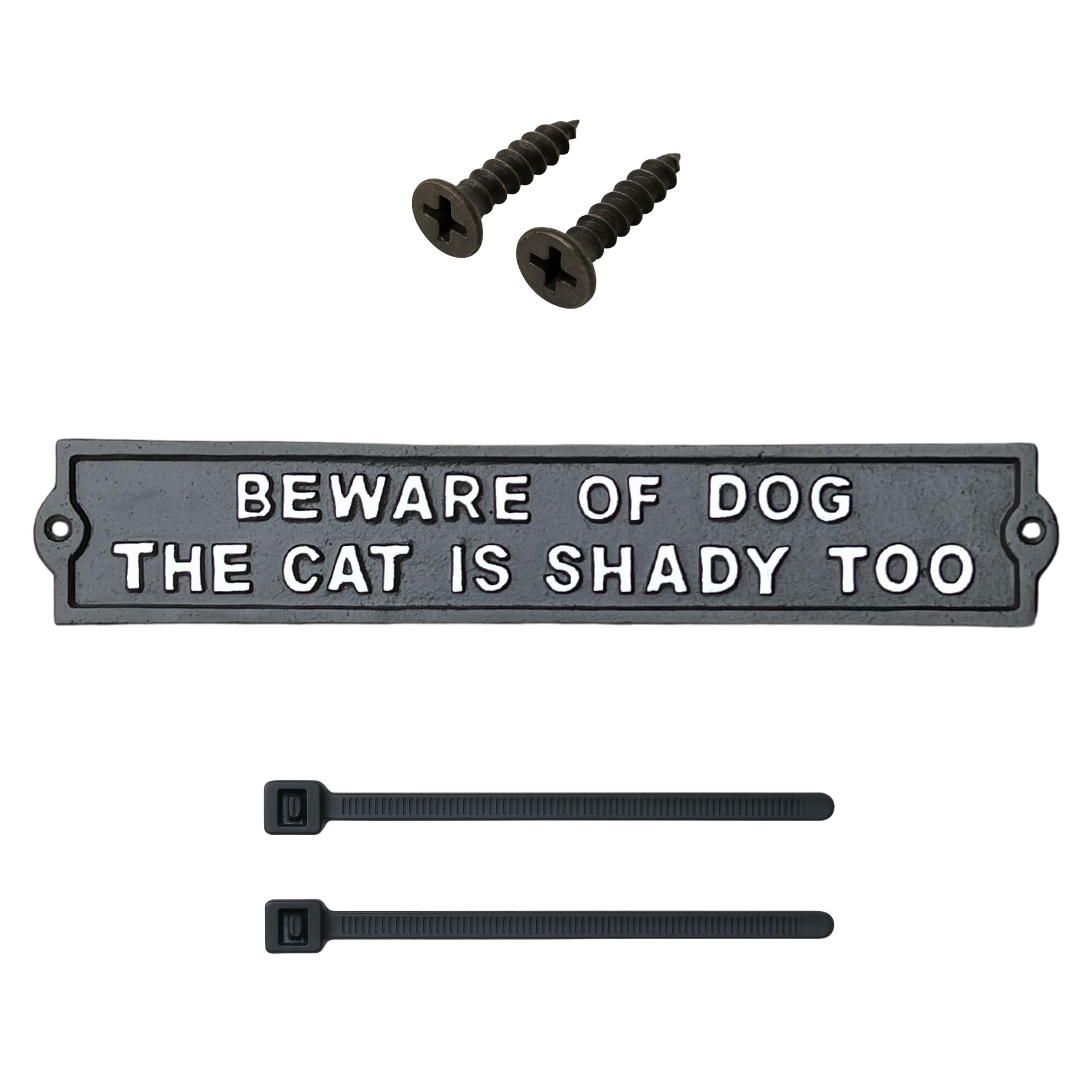 Metal Cast Iron BEWARE OF THE DOG THE CAT IS SHADY TOO Door Plaque Signs With Screws & Zip Ties - Beware Of The Dogs Sign Outdoor Gate - Cat Lovers Gifts For Women - Funny Novelty Pet Lover Gift Ideas