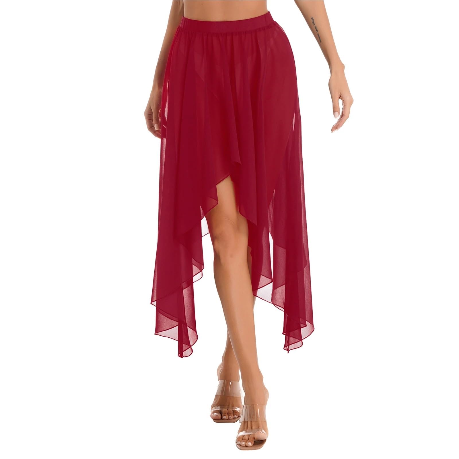 TRRYUIP Belly Dance Skirt Women Chiffon Belly Ballroom Dance Dancewear Elegant Mid-Long Latin Asymmetrical Hem Skirts(RED A)