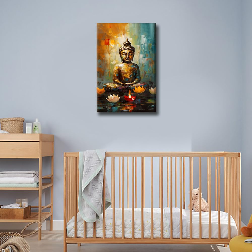 TISHIRON Buddha Home Decor Posters & Prints Altar Lamp that Burns Day and Night Wall Art for Living Room 1 Pieces Lotus Pictures Kitchen Wall Decor Stretched and Framed Ready to Hang (16" Wx24 H) - Image 2