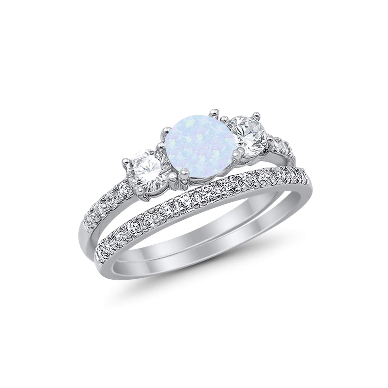 3-Stone Wedding Bridal Set Ring Band Round Created Opal CZ 925 Sterling Silver Choose Color