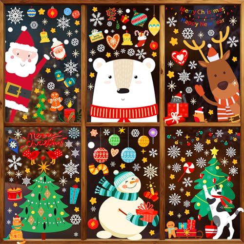 Image of Christmas Window Clings for Glass Windows, Stickers for Window Decorations | 8 Sheets Window Decals for Home, Classroom, Kids Party Indoor, Glass Doors, Xmas Winter Holiday Decor with Santa & Snowflakes