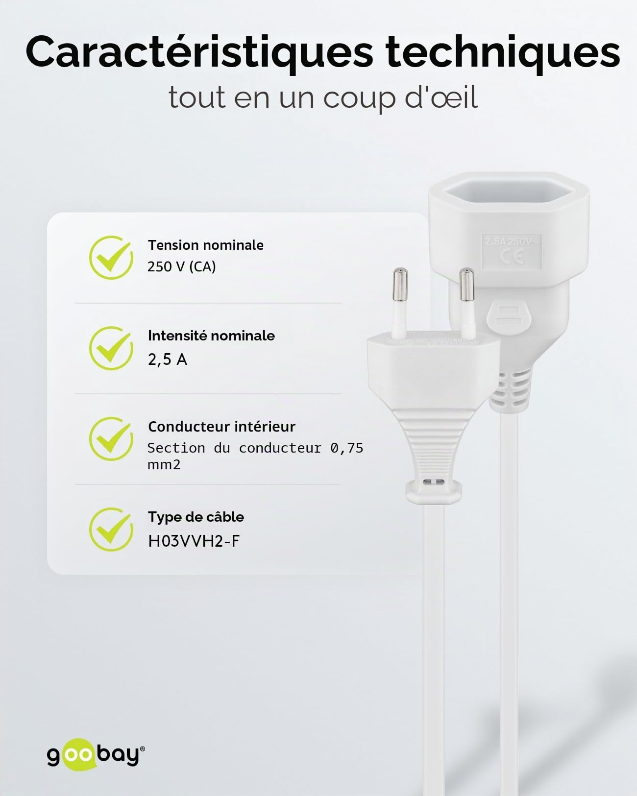 Goobay Câble d'alimentation Rallonge 2m 250V 0.75 mm² Blanc