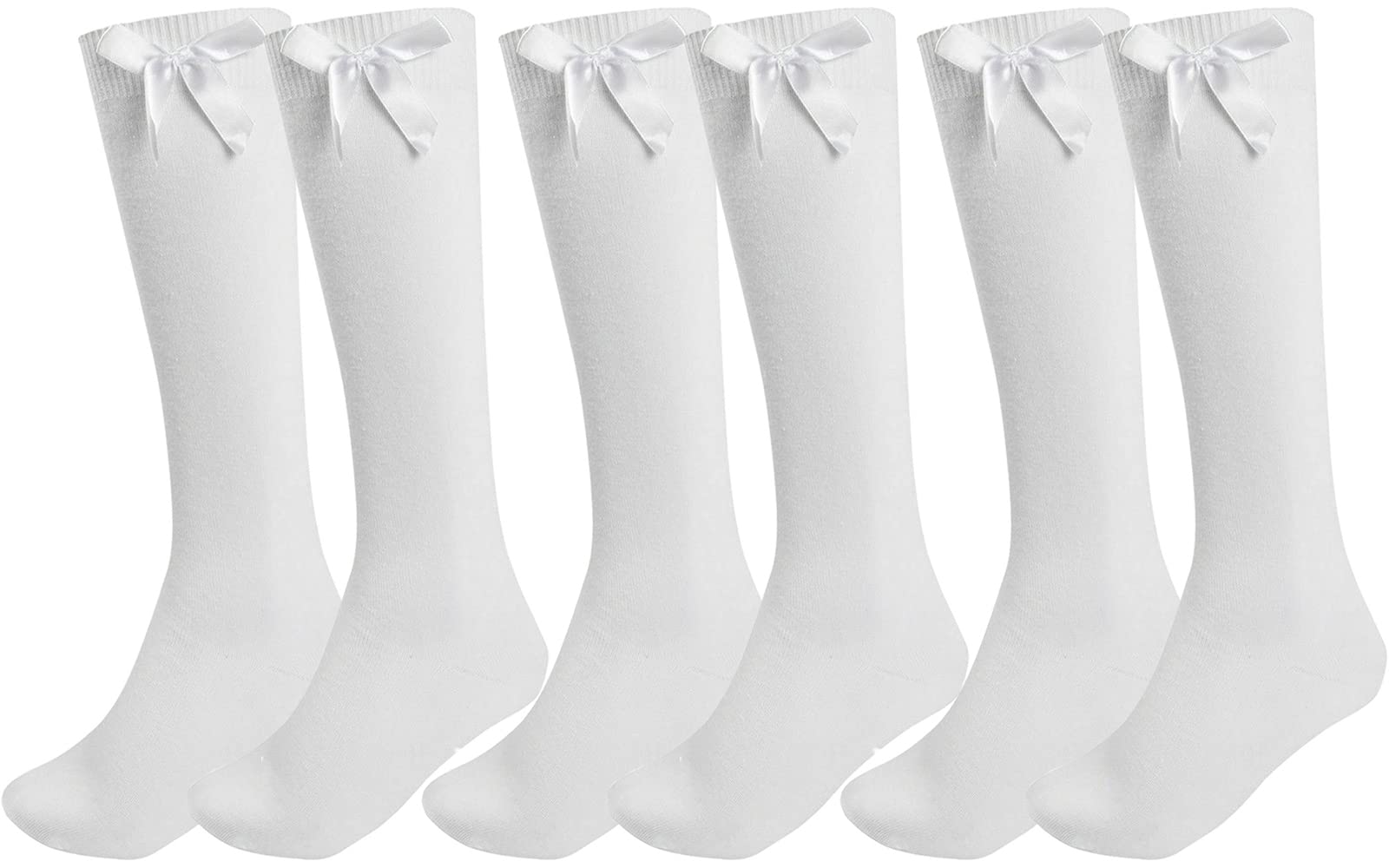 Thread Linens 3 pares de calcetines hasta la rodilla con lazo de algodón con volantes y cintas esponjosas con lazos, calcetines largos para niñas