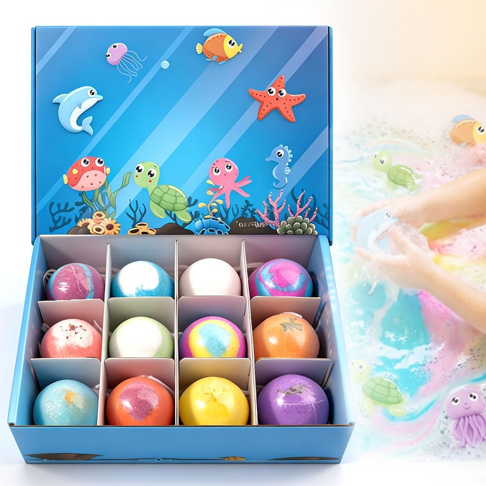 Ocean Toy Bath Ball Sleeve Box Bath Bombs, 2026 New Bath Bombs with Surprise Spring Inside, Easter Basket Stuffers, 12 Pack (#01)