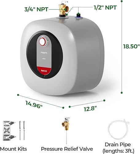 Miniatura 6 de FOGATTI Calentador de agua eléctrico de mini tanque, punto de uso de 4.0 galones para agua caliente instantánea, 1440 W, 120 V, estante, debajo del