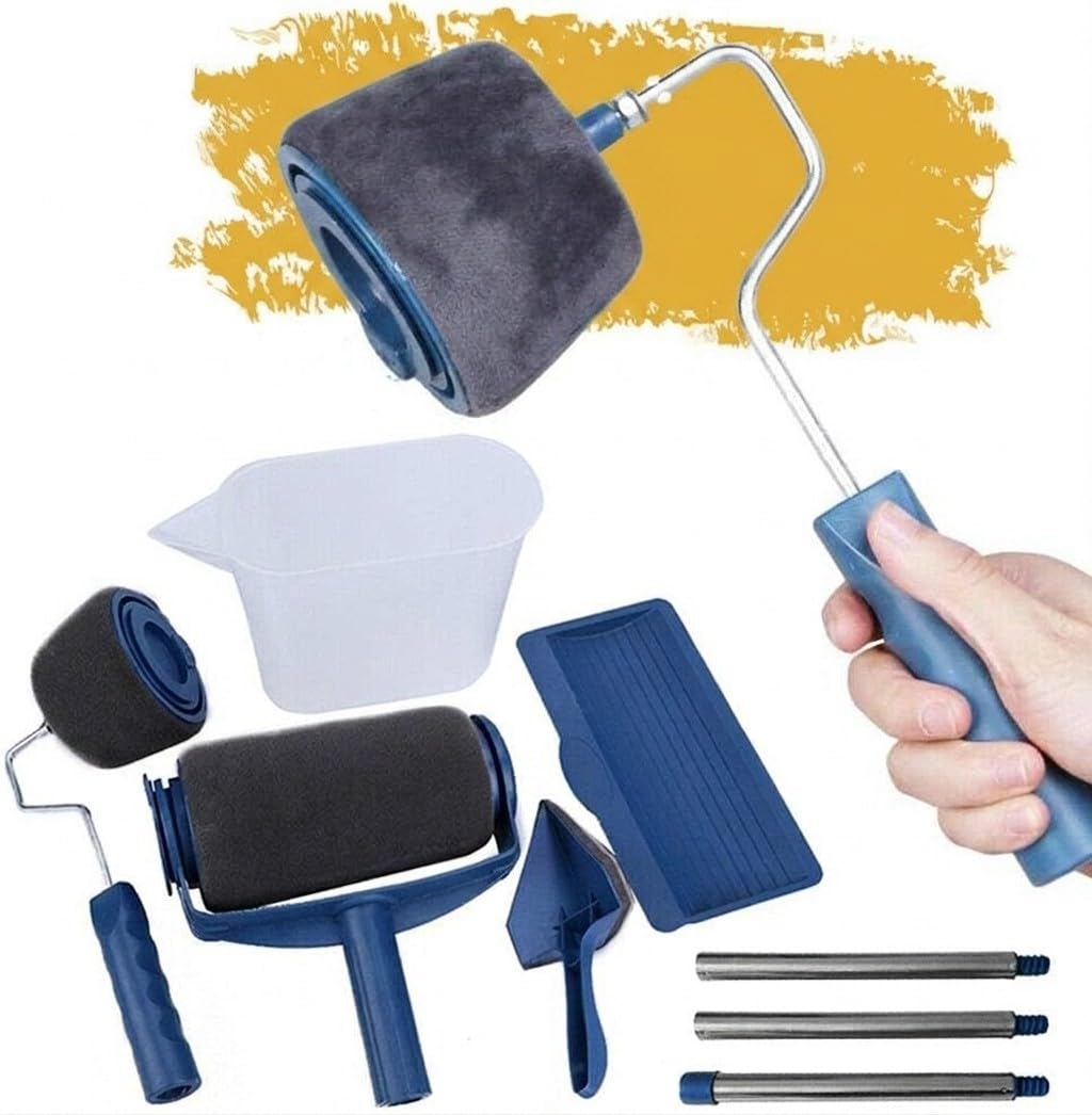 8PCS Paint Roller Set with Extension Handle – Paint Runner Pro Wall & Ceiling Painting Kit with Edger, Corner Cutter, Tray & Pour Jug | Reusable DIY Home Decorating Tools