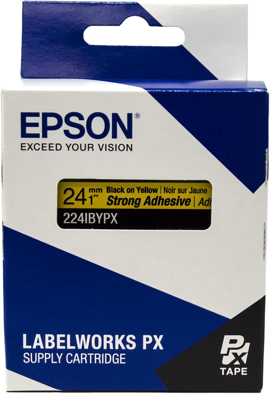Epson LABELWORKS 224IBYPX Genuine PET (Polyester) Tape Cartridge - Black on Yellow Strong Adhesive Standard Industrial Label Maker Tape - 1" (24MM) Wide, 30'