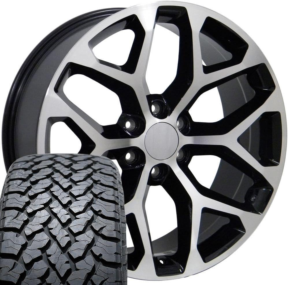 OE Wheels CV98 20 Inch Rims and Tires Fit Silverado 1500 Snowflake Style 6x139.7 20x9 Gloss Black Machined - Hollander 5668 - TS-37 AT 275/55-20 (Set of 4)