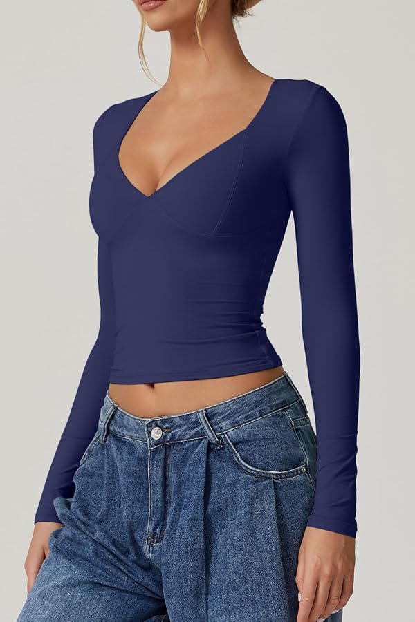 QINSEN Going Out Tops for Women Long Sleeve Sweetheart Neck Double Lined Tee Shirt Stretchy V Neck Top Estate Blue M by QINSEN - Image 7