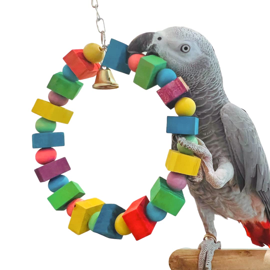 PETSARY Medium to Large Bird Toy Round Adjustable Parrot Chewing Toy - Bird Parrot Blocks Chew Toy Bird Cage Bite Toy for African Grey, Macaws Cockatoos, and a Variety of Parrots Wooden bird toy