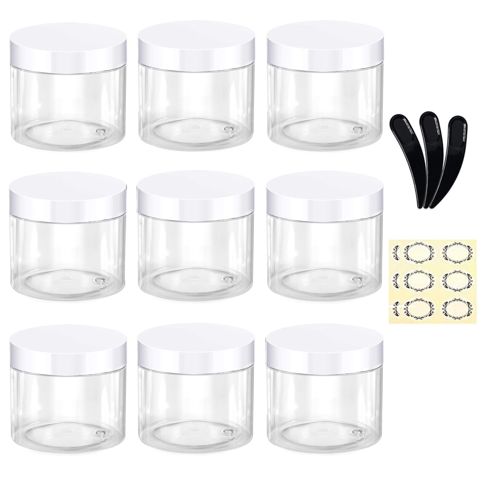Alledomain White Lids 9Pcs 50G/50Ml Empty Plastic Jars With 3 Mini Spatulas & 12 Labels Round Clear Cosmetic Sample Container With Inner Liners & Travel Storage For Lotion Cream Ointments Makeup