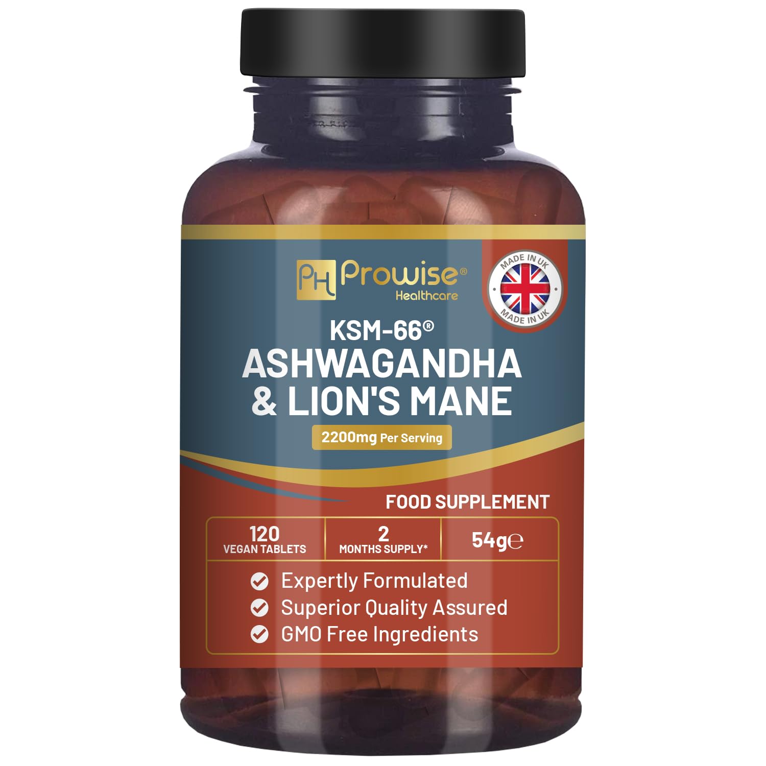 KSM-66 Ashwagandha and Lions Mane Tablets - High Strength 2200mg | KSM-66 Ashwagandha Root Extract and Lions Mane Mushroom Extract - 120 Vegan Tablets with Black Pepper - UK Made by Prowise