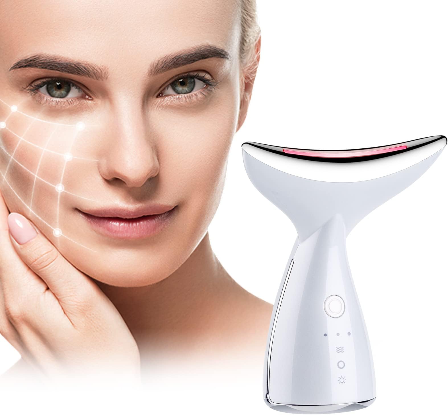 Neck Face Firming Wrinkle Removal Tool Double Chin Reducer Vibration Massager With 3 Color Modes For Wrinkles Appearance Removal And Skin Tightening (White)