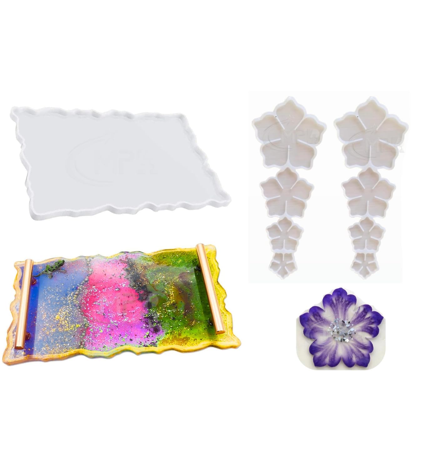 Silicone Resin Tray Mold with Two Flower Silicone Resin Large Irregular Tray Mold Epoxy Resin Mold Easy Demold Silicon Coaster molds for Making Faux Agate Tray,Serving Board,Fruit Tray (Pack of 3)-image-16