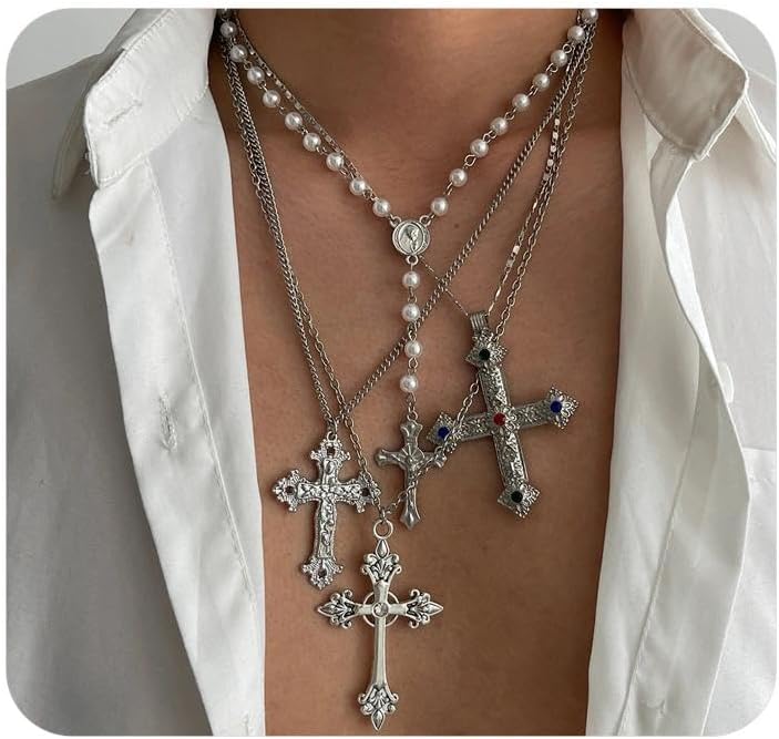 Layered Gold Silver Big Cross Pendant Necklace,Stacking Colorful Crystal Cross Pearl Beaded Y-Necklace Punk Party Jewelry Accessories Gift for Women
