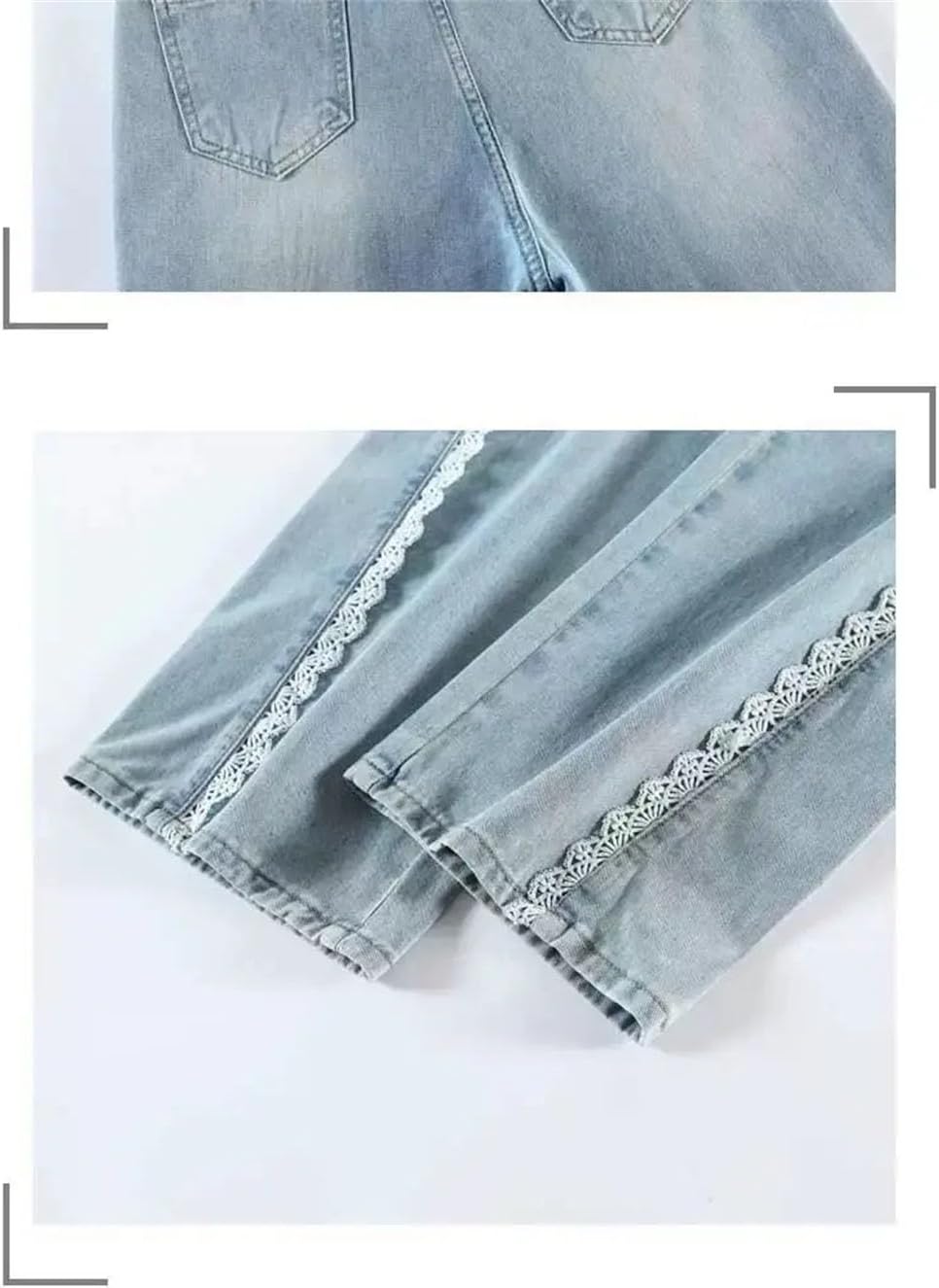Women Wide Leg Lace Spliced Jeans Casual Denim Pants Slimming Straight Leg Design