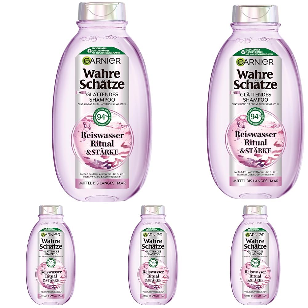 Garnier Wahre Schätze Glättendes Shampoo Reiswasser Ritual & Stärke, für mittellanges bis langes Haar, aufpolsternde Pflege, für mehr Glanz und Geschmeidigkeit, ohne Silikone, 1x 250ml (Packung mit 5)