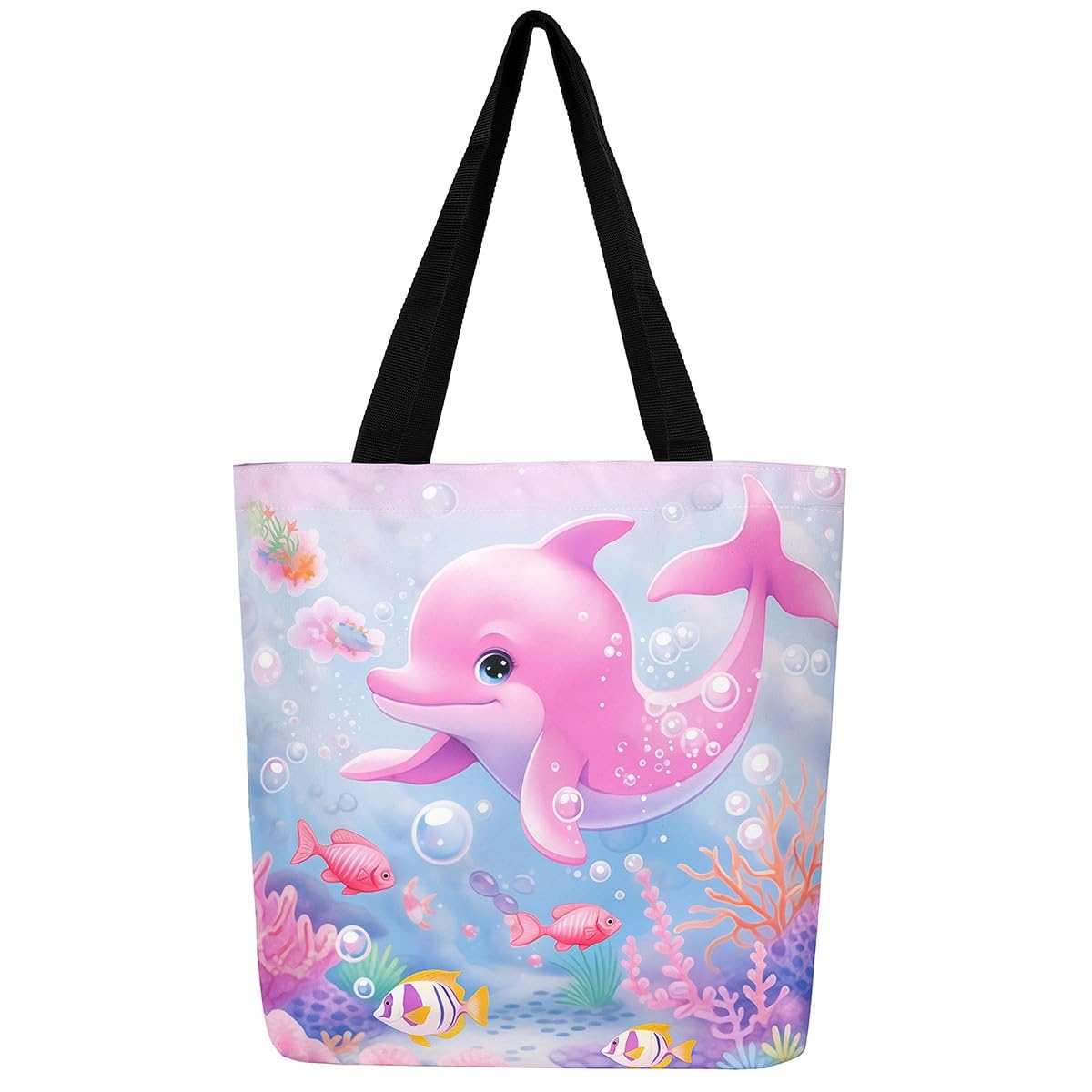 Homewish Kawaii Pink Dolphin Canvas Tote Bag for Women,Coastal Nautical Tote Bag with Pocket,Sea Life Ocean Animal Shoulder Handbag