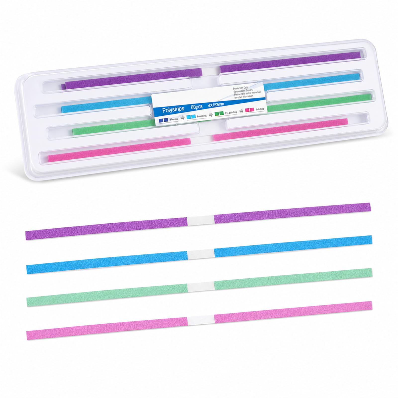 Papier ścierny do zębów, 60 sztuk, 4 x 150 mm, paski ścierne, do szlifowania międzyzębowego, kolor fioletowy do formowania, niebieski do wygładzania, zielony do wstępnego polerowania, różowy do