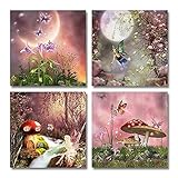 QTESPEII Fantasy Fairy Tale Wall Art 4 Pieces Pink Flowers and Colorful Butterfly Paintings Canvas Prints Modern Poster for Girls Bedroom Nursery Decor Unique Gifts for Daughter 12"x12" per Framed