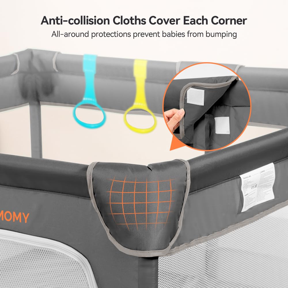 COMOMY Box per Bambini, 127 x 127 x 66 cm Recinto con 4 Pezzi Anelli, Morbida Rete Traspirante, Centro Attività, Grigio Scuro